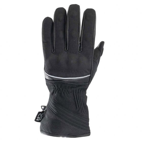 Black all-season gloves featuring a textured grip, reflective detailing, and a snug wrist cuff, designed for all-weather biking conditions.
