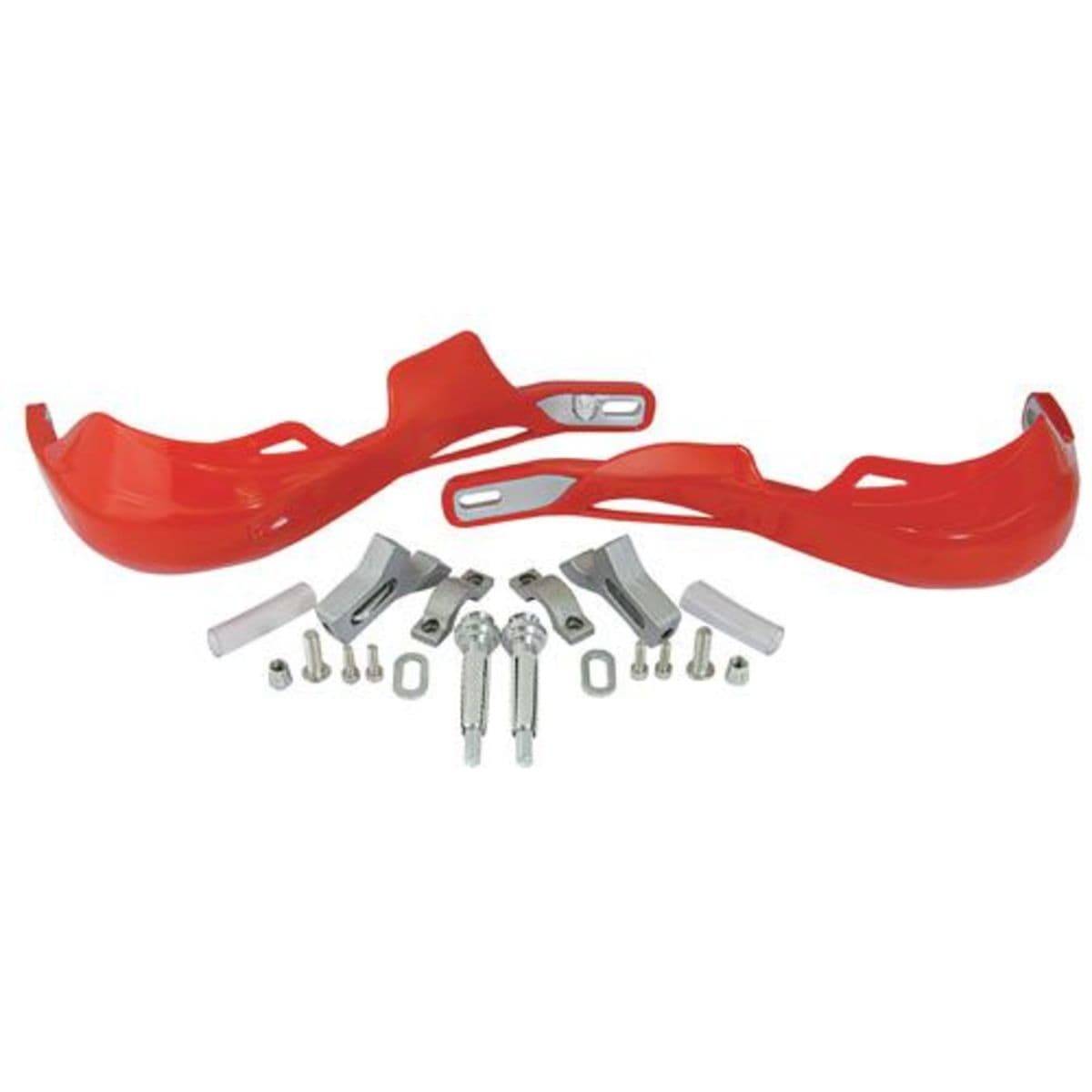 Red plastic handguards with a sleek design, featuring chrome accents and a variety of mounting hardware, ideal for motorcycle protection and style.