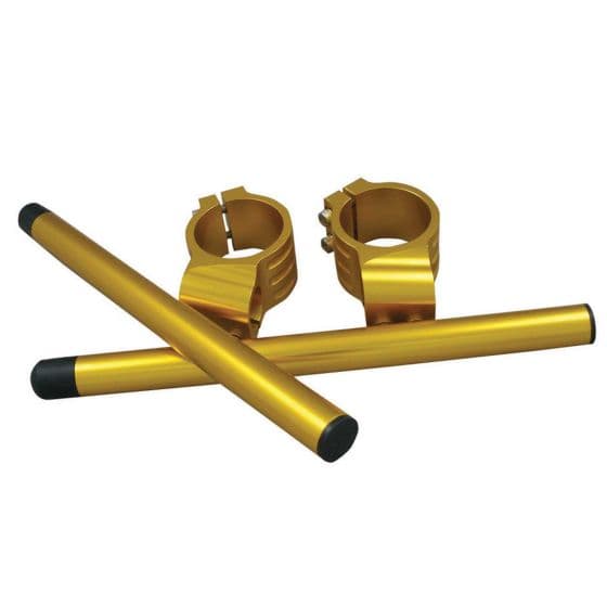 Gold aluminum clip-on handlebar kit featuring two cylindrical bars and two clamp mounts, designed for 48 mm handlebars, with rubber end caps for grip.