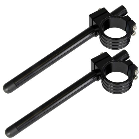 Black clip-on handlebar mounts with a 50mm diameter, featuring a sturdy metal construction and adjustable clamps for easy attachment to bikes.