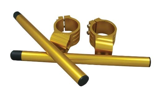 Gold aluminum clip-on handlebar kit featuring two clamps and two extension bars, designed for easy attachment to bike handlebars.