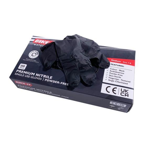 Black nitrile disposable gloves in a box, labeled "Bike-It," featuring a powder-free design, size L, with 100 gloves included, emphasizing durability and single-use convenience.