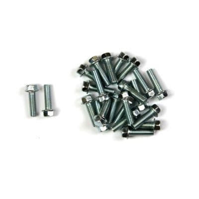 M6 X 20 mm carbon steel flange head bolts in a pack of 25, featuring a shiny silver finish and hexagonal heads for easy installation.
