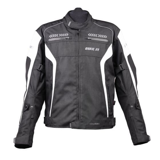 Black and white motorcycle jacket featuring a sporty design, made from durable material with reflective accents, adjustable cuffs, and ventilation panels for comfort.