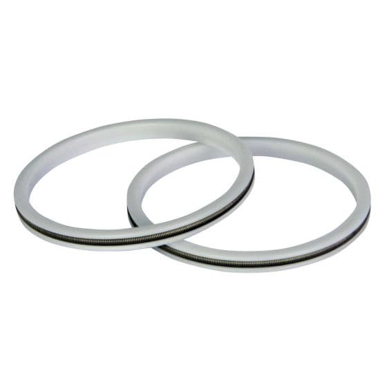 Two 46 mm transparent plastic fork compression markers with a silver metal band around the center, designed for use in bike maintenance.