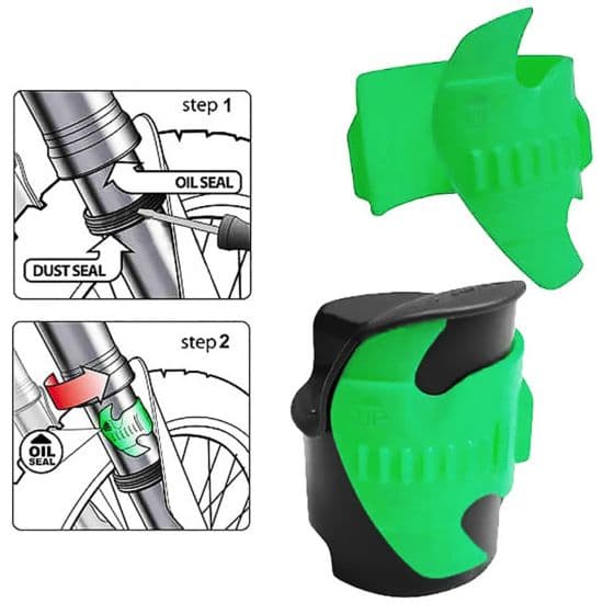 Green plastic fork seal scraper with a unique design, featuring grooves for grip and a two-step process illustrated for effective cleaning of bike fork seals.