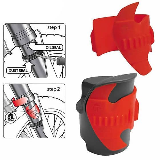Red Bike It Fork Seal Saver Scraper with a durable design, featuring a two-step process illustration for cleaning oil and dust seals on bike forks.