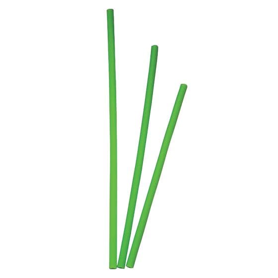 Bright green plastic spoke shrouds, each 18 cm long, arranged in a pack of 40, designed for bicycle wheels, featuring a smooth finish for easy installation.