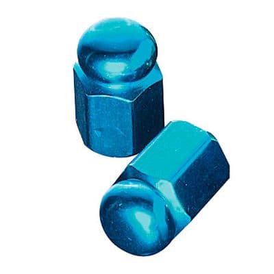 Blue hexagon valve caps with a shiny, metallic finish, featuring a rounded top and angular sides, designed for bicycle tire valves.