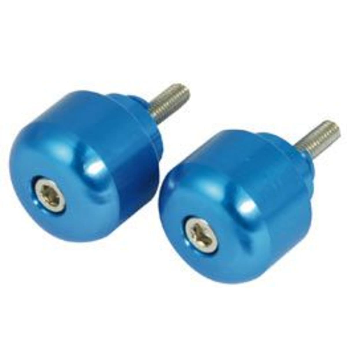 Blue alloy handlebar bar end weights with a shiny finish and silver screws, designed for Honda motorcycles, featuring a rounded shape for enhanced grip and stability.
