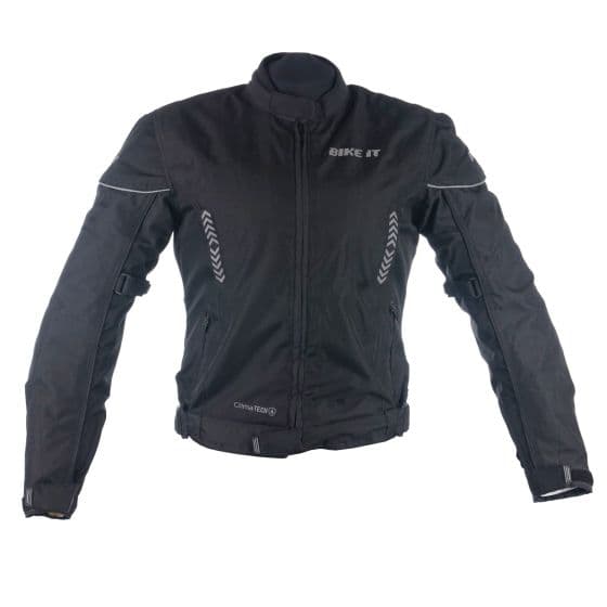 Black ladies' motorcycle jacket featuring reflective accents, a zippered front, adjustable straps, and a lightweight, durable material, designed for comfort and safety.