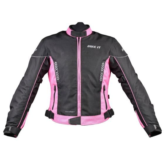 Ladies motorcycle jacket in black and pink, featuring a mesh material, padded shoulders, reflective accents, and adjustable straps for a secure fit.