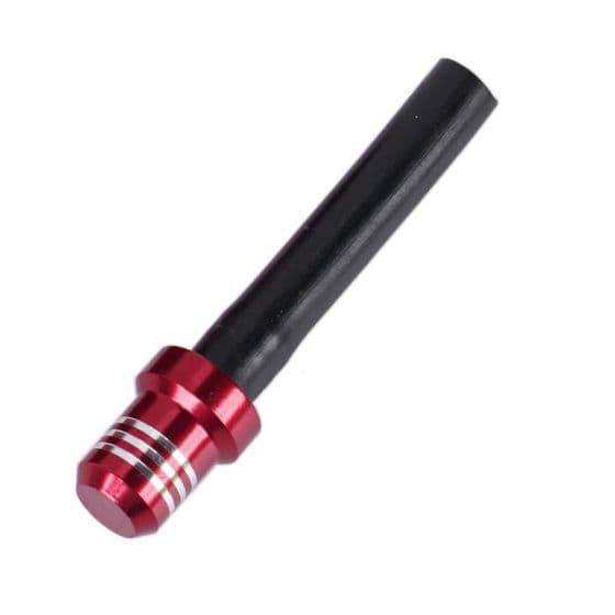 Red aluminum motorcycle fuel cap vent valve with a black rubber hose, featuring three silver stripes on the cap for added detail.