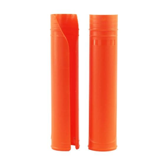 Bright orange plastic upper fork protector guards designed for bikes, featuring a sleek, cylindrical shape with a split for easy installation.