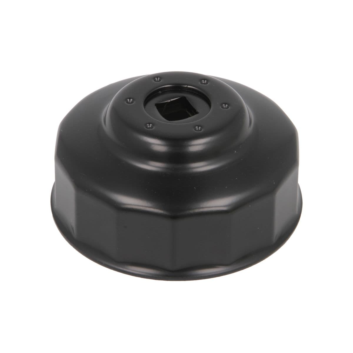 Black oil filter wrench with 68 mm diameter, 14 flutes, and a square drive for 3/8" wrenches, featuring a sturdy, durable design for easy oil filter removal.