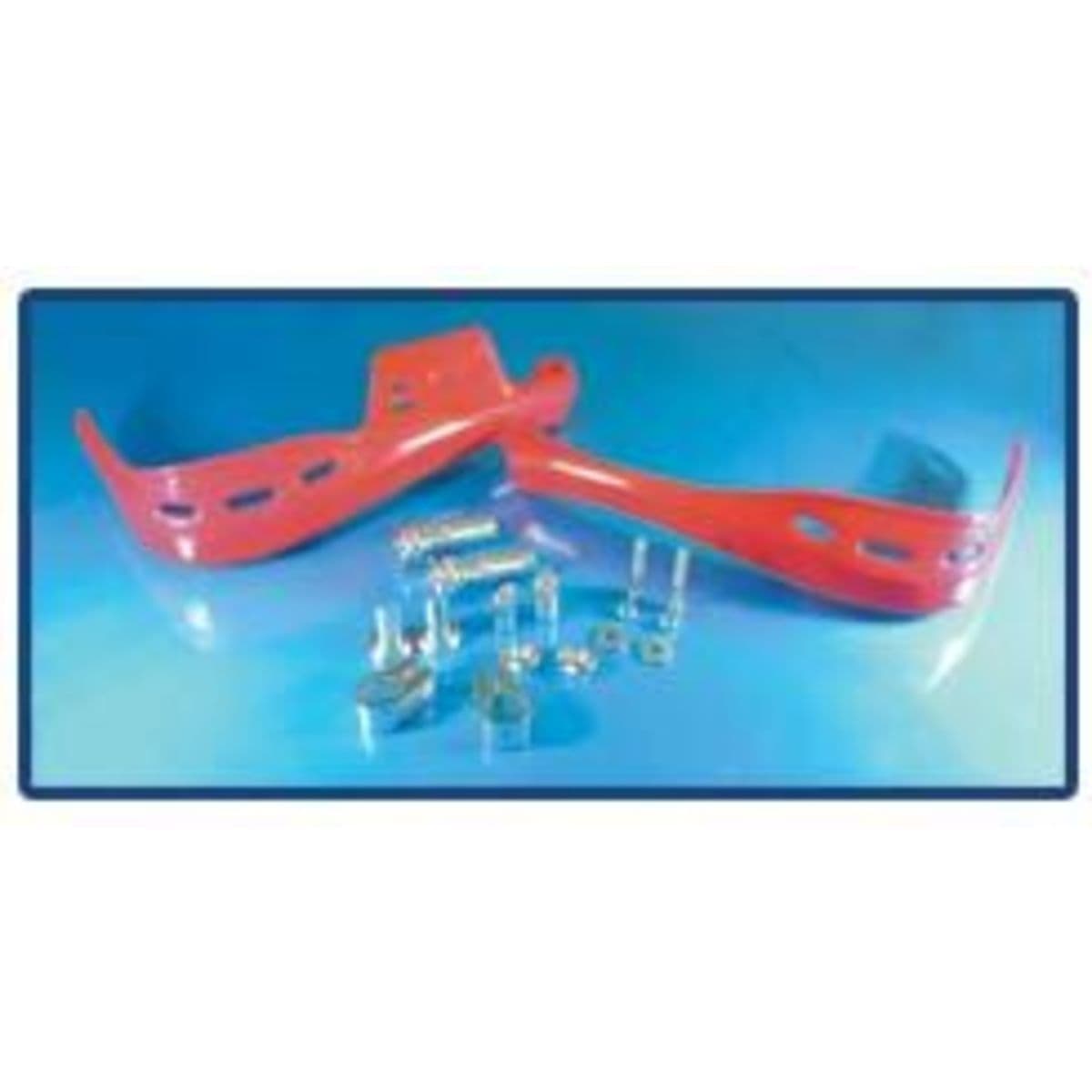 Red plastic handguards with multiple ventilation holes, accompanied by metal mounting hardware, designed for motorcycle protection.