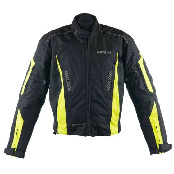 Black motorcycle jacket with bright yellow accents, featuring a zip-up front, adjustable cuffs, and reflective detailing for visibility, designed for sports riding.