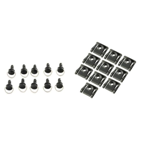Black slip-on fairing fasteners, 14 mm size, featuring a shiny circular head and a sturdy design, arranged in two groups of ten pieces total, suitable for quick release applications.