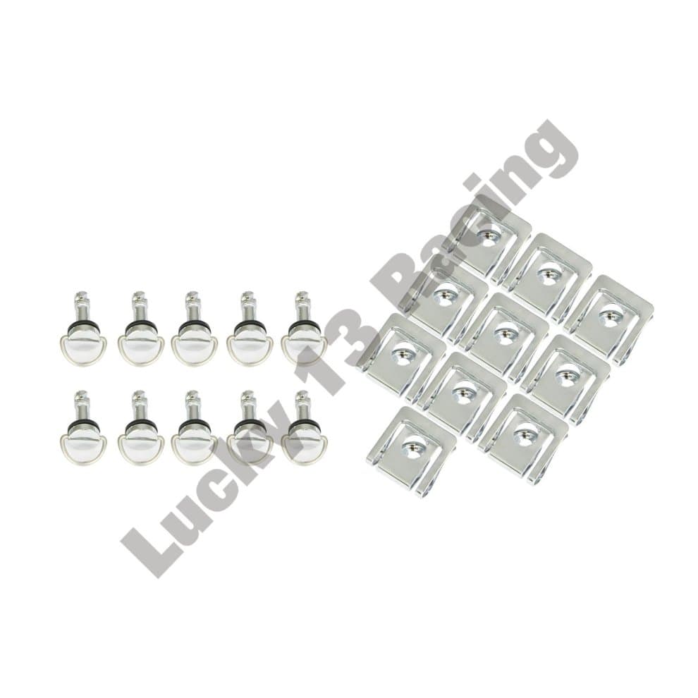 Silver quick release fairing fasteners made of metal, featuring a slip-on design with 14 mm size, packaged as a set of 10, including rounded heads and flat bases.
