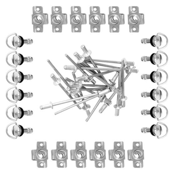 Silver quick release fairing fasteners with slip-on design, 19 mm size, made of metal, featuring a circular pull ring and a pack of 10 pieces arranged neatly.