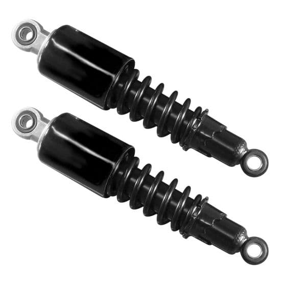 Black twin shock absorbers with a 270 mm eye-to-eye measurement, featuring a smooth cylindrical body and coiled springs for enhanced suspension performance.