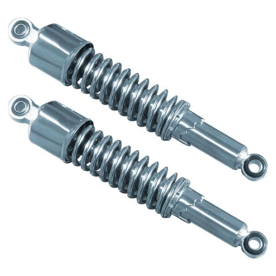 Chrome twin shock absorbers with a 320 mm eye-to-eye length, featuring a coiled spring design and mounting eyes at both ends for easy installation on bikes.