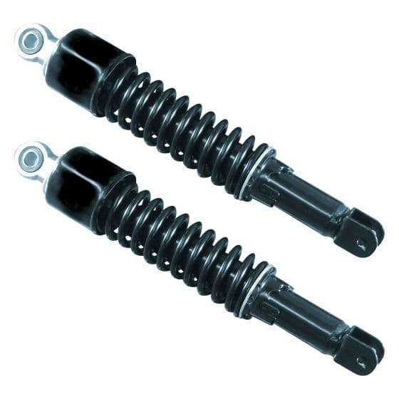 Black twin shock absorbers with a 320 mm length, featuring a coiled spring design and metal ends, designed for improved bike suspension performance.