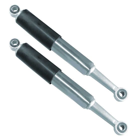 Black twin shock absorbers with a 330mm eye-to-eye measurement, featuring a silver metal body and rubber cushioning for enhanced performance on bikes.