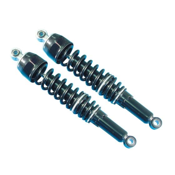 Black twin shock absorbers with chrome accents, featuring coil springs and eyelet mounts, designed for bikes, measuring 335 mm in length.