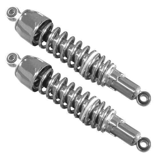 Chrome twin shock absorbers with a 335 mm length, featuring coiled springs and eyelet mounts for easy installation on bikes.