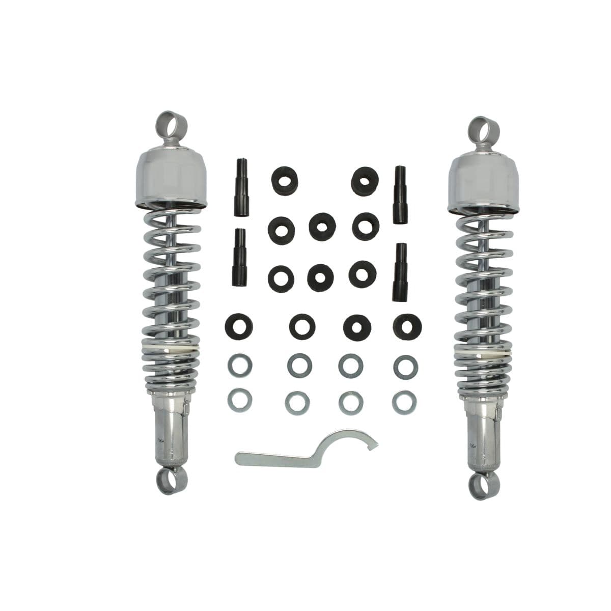 Chrome twin shock absorbers with a 365 mm length, featuring coiled springs, eyelet ends, and accompanying installation hardware including spacers and washers.