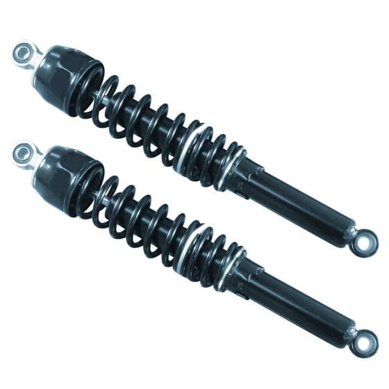 Black twin shock absorbers with a 405 mm length, featuring coiled springs and metal ends, designed for enhanced bike suspension performance.