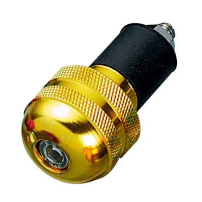 Gold round bar end weights with a textured grip and a shiny finish, designed for 18 mm handlebars, featuring a central screw for secure attachment.