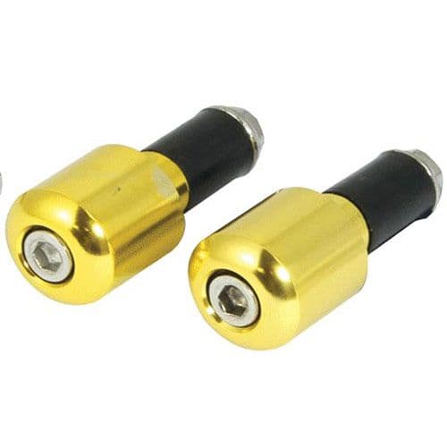 Gold anodized aluminum handlebar end weights with a slim design, featuring a black rubber insert and hexagonal screw for easy installation, suitable for 18 mm handlebars.