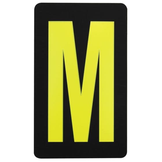 Yellow letter "M" on a black background, made of durable material, designed for use on pitboards in motorsport settings.