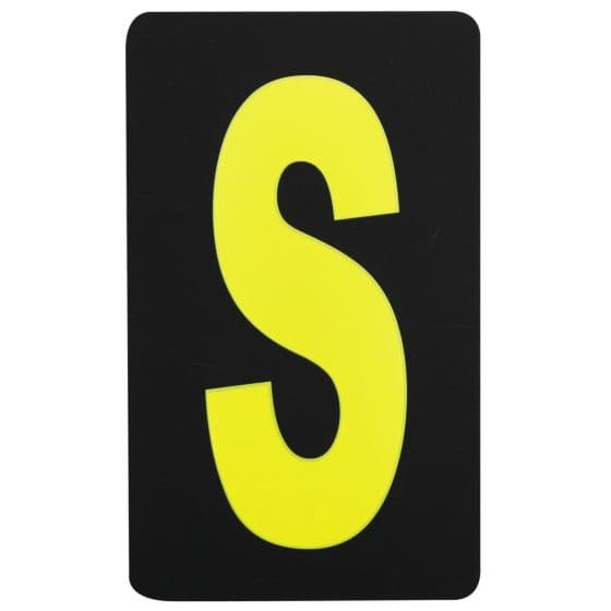 Yellow letter "S" on a black background, made of durable material, designed for use on pitboards by Bike-It.
