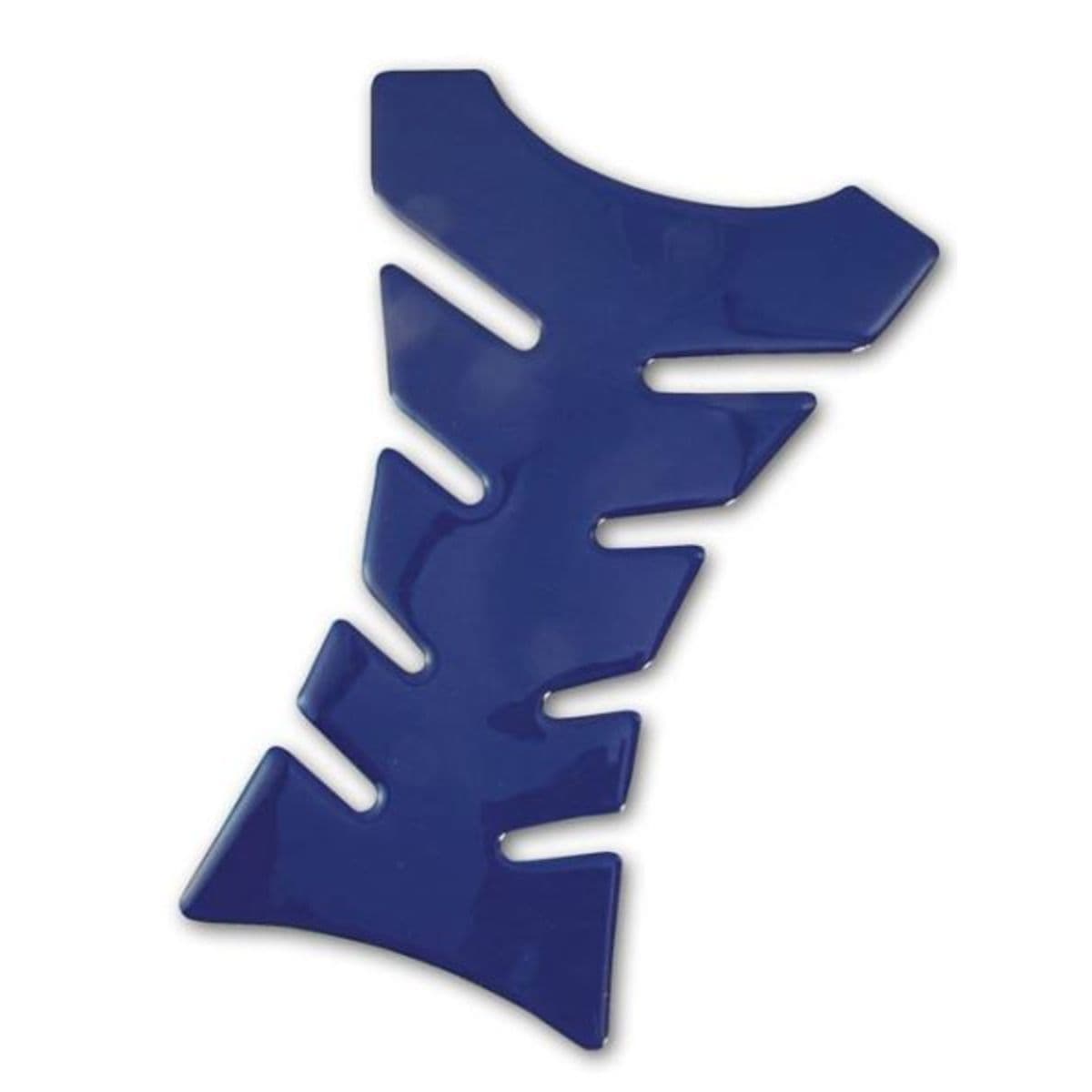 Blue, glossy plastic spine tank pad with a sleek, ergonomic design featuring cut-out grooves for improved grip and protection on motorcycle tanks.
