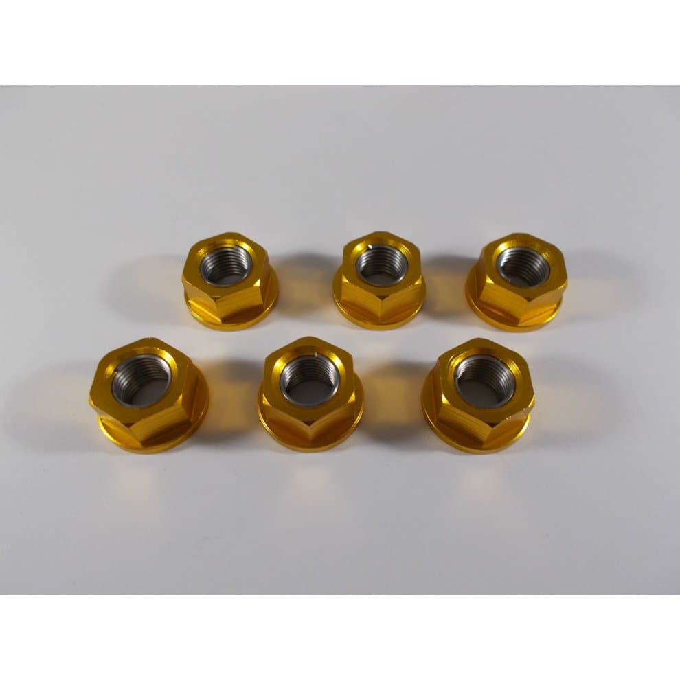 Six gold 10mm sprocket nuts made of metal, featuring a hexagonal shape with a shiny finish and internal threading for secure attachment.