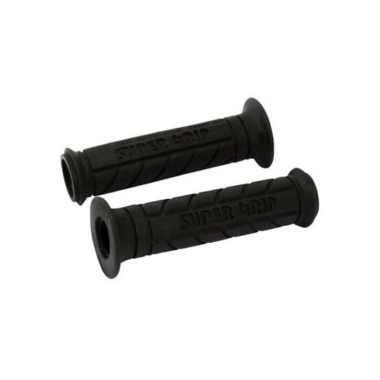 Black rubber handlebar grips with an open end, featuring a textured surface for enhanced grip and embossed "SUPER GRIP" branding, designed for 22mm (7/8") handlebars.