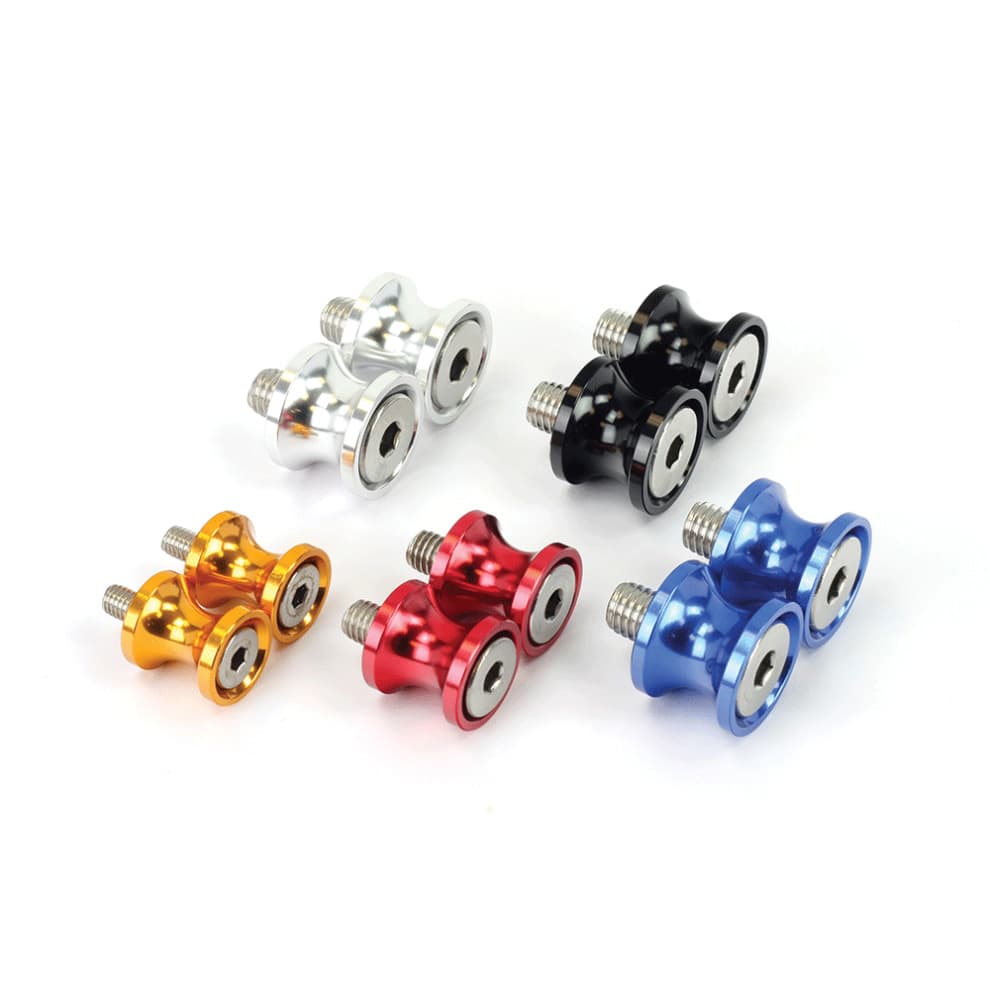 Blue motorcycle paddock stand bobbins made of aluminum, featuring a sleek design with a silver center, ideal for swing arm spools, alongside options in red, black, silver, and orange.