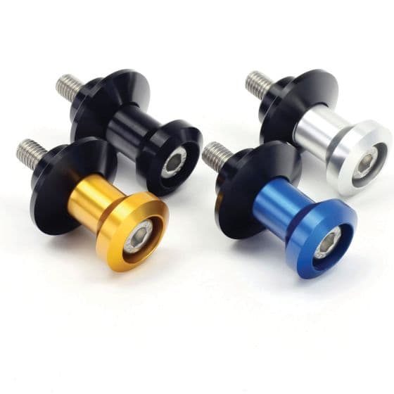 Blue, gold, silver, and black aluminum swing arm spools with a 1.5mm pitch and 10mm screw, designed for use with BikeTek paddock stands.