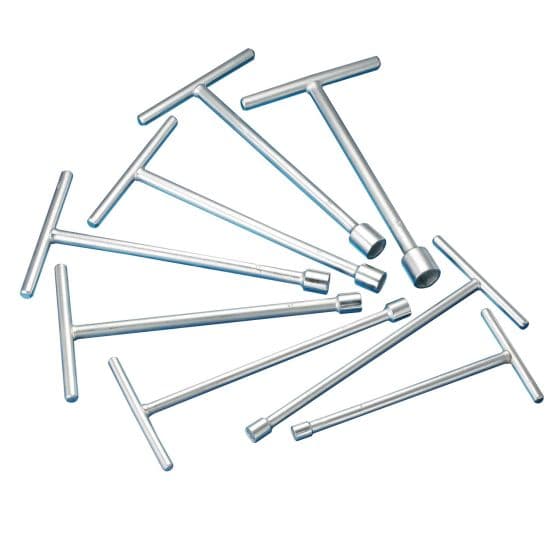 A set of chrome T-spanners in various sizes, featuring a T-shaped handle and a socket end, all with a shiny metallic finish.