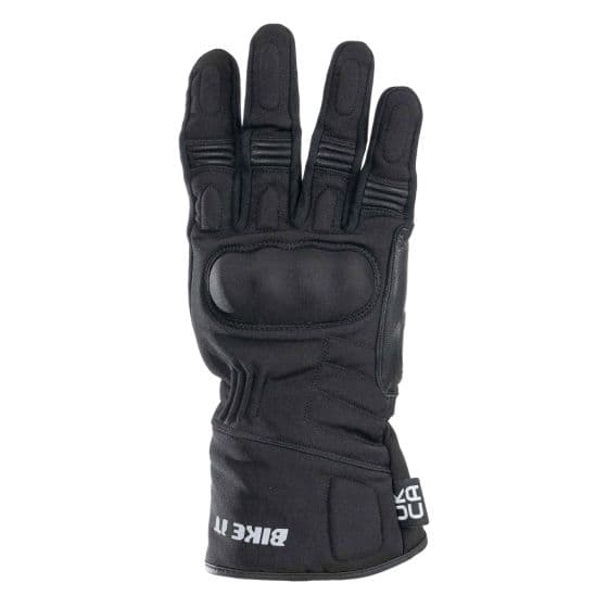 Black motorcycle gloves featuring a padded knuckle area, reinforced palm, and a snug fit, designed for all-season riding with a durable textile material.