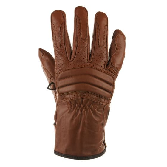Brown leather motorcycle gloves with padded knuckles, perforated fingers for breathability, and a snug fit for comfort and protection.