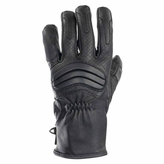 Black leather motorcycle gloves featuring padded knuckles, perforated sections for breathability, and a snug wrist closure for a secure fit.