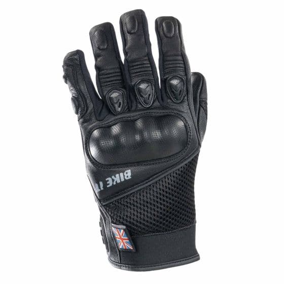 Black motorcycle gloves with a textured palm, knuckle protection, and mesh panels for breathability, featuring the "Bike It" logo and a Union Jack patch.