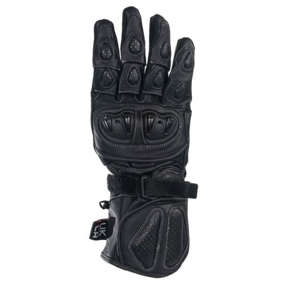 Black leather gloves with padded knuckles, grip-enhancing texture, and adjustable wrist strap, designed for motorcycle use with a sleek, protective style.