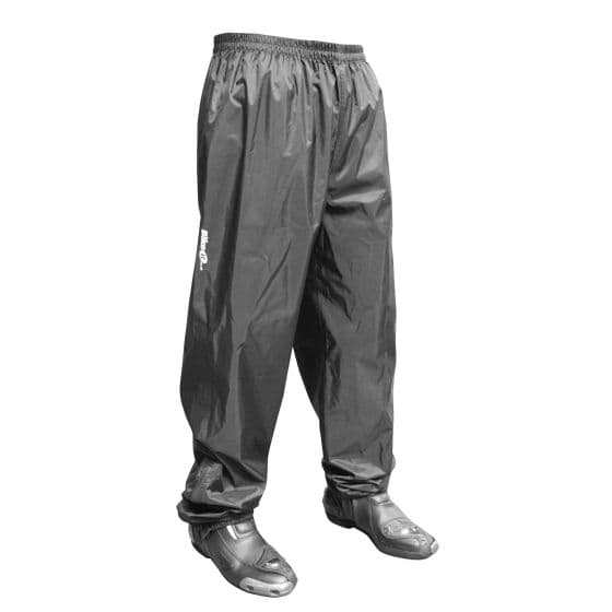 Black rain over trousers with an elastic waistband, made from waterproof material, featuring a loose fit and designed for biking, paired with black cycling shoes.