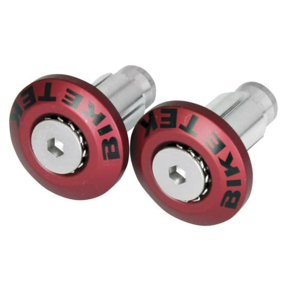 Red aluminum bike bar ends featuring carbon fiber inserts, with a silver hexagonal bolt in the center and "BIKETEK" branding on the outer edge.