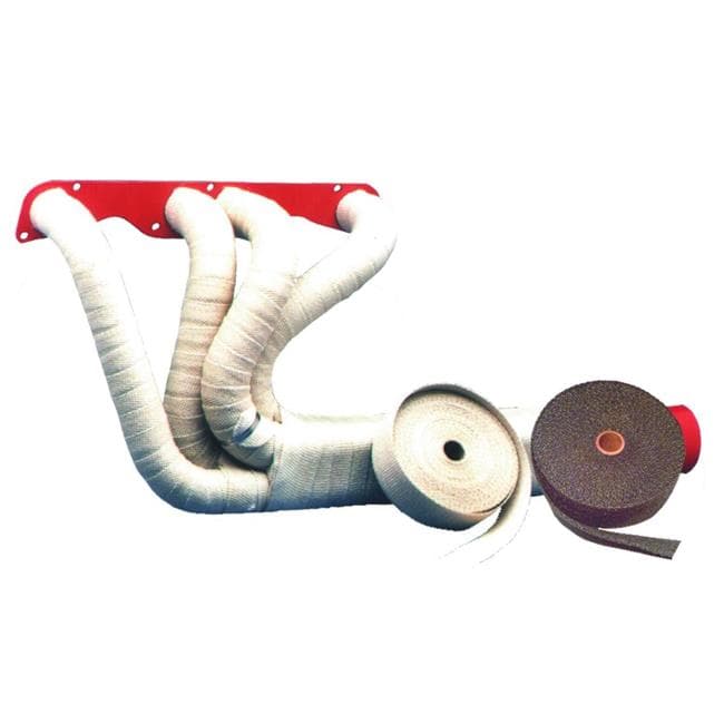 Natural cream-colored insulating exhaust wrap, 6 inches wide, 100 feet roll, made of durable material, designed to reduce heat and protect engine components.